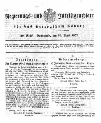 Regierungs- und Intelligenzblatt für das Herzogtum Coburg (Coburger Regierungs-Blatt) Samstag 10. April 1852