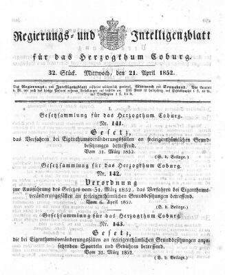 Regierungs- und Intelligenzblatt für das Herzogtum Coburg (Coburger Regierungs-Blatt) Mittwoch 21. April 1852