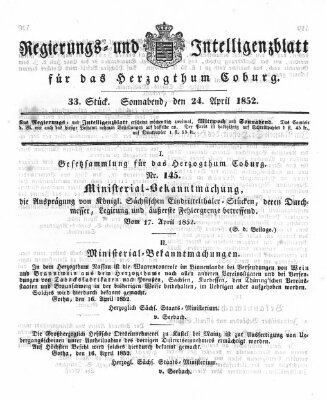 Regierungs- und Intelligenzblatt für das Herzogtum Coburg (Coburger Regierungs-Blatt) Samstag 24. April 1852