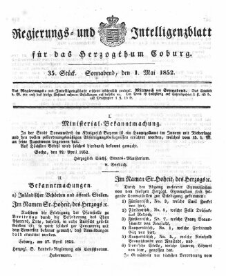 Regierungs- und Intelligenzblatt für das Herzogtum Coburg (Coburger Regierungs-Blatt) Samstag 1. Mai 1852