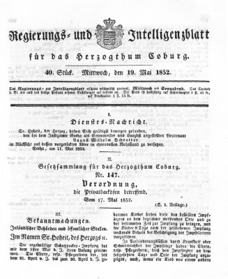 Regierungs- und Intelligenzblatt für das Herzogtum Coburg (Coburger Regierungs-Blatt) Mittwoch 19. Mai 1852