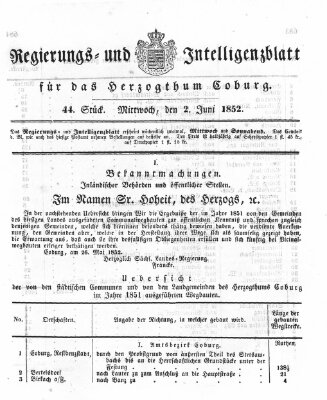 Regierungs- und Intelligenzblatt für das Herzogtum Coburg (Coburger Regierungs-Blatt) Mittwoch 2. Juni 1852