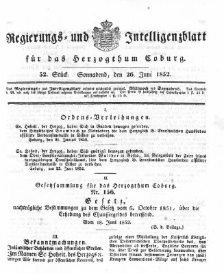 Regierungs- und Intelligenzblatt für das Herzogtum Coburg (Coburger Regierungs-Blatt) Samstag 26. Juni 1852