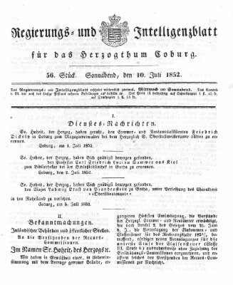 Regierungs- und Intelligenzblatt für das Herzogtum Coburg (Coburger Regierungs-Blatt) Samstag 10. Juli 1852