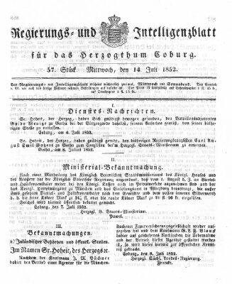Regierungs- und Intelligenzblatt für das Herzogtum Coburg (Coburger Regierungs-Blatt) Mittwoch 14. Juli 1852