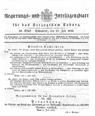 Regierungs- und Intelligenzblatt für das Herzogtum Coburg (Coburger Regierungs-Blatt) Samstag 17. Juli 1852