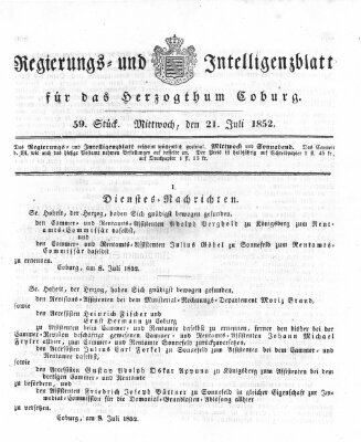 Regierungs- und Intelligenzblatt für das Herzogtum Coburg (Coburger Regierungs-Blatt) Mittwoch 21. Juli 1852