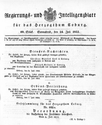Regierungs- und Intelligenzblatt für das Herzogtum Coburg (Coburger Regierungs-Blatt) Samstag 24. Juli 1852