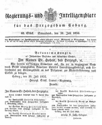 Regierungs- und Intelligenzblatt für das Herzogtum Coburg (Coburger Regierungs-Blatt) Samstag 31. Juli 1852