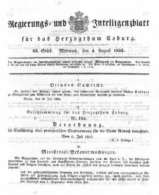 Regierungs- und Intelligenzblatt für das Herzogtum Coburg (Coburger Regierungs-Blatt) Mittwoch 4. August 1852