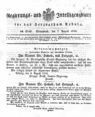 Regierungs- und Intelligenzblatt für das Herzogtum Coburg (Coburger Regierungs-Blatt) Samstag 7. August 1852