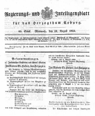 Regierungs- und Intelligenzblatt für das Herzogtum Coburg (Coburger Regierungs-Blatt) Mittwoch 11. August 1852