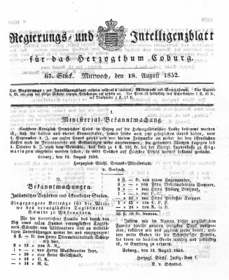 Regierungs- und Intelligenzblatt für das Herzogtum Coburg (Coburger Regierungs-Blatt) Mittwoch 18. August 1852