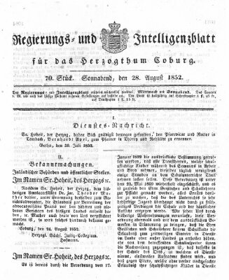 Regierungs- und Intelligenzblatt für das Herzogtum Coburg (Coburger Regierungs-Blatt) Samstag 28. August 1852