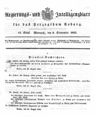 Regierungs- und Intelligenzblatt für das Herzogtum Coburg (Coburger Regierungs-Blatt) Mittwoch 8. September 1852