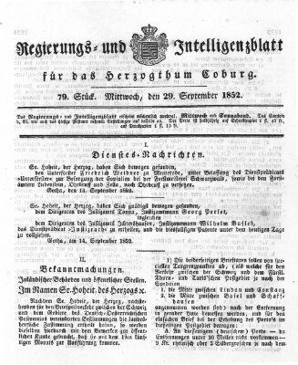 Regierungs- und Intelligenzblatt für das Herzogtum Coburg (Coburger Regierungs-Blatt) Mittwoch 29. September 1852