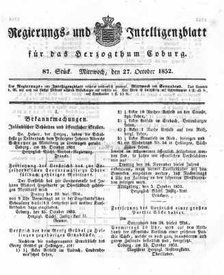 Regierungs- und Intelligenzblatt für das Herzogtum Coburg (Coburger Regierungs-Blatt) Mittwoch 27. Oktober 1852