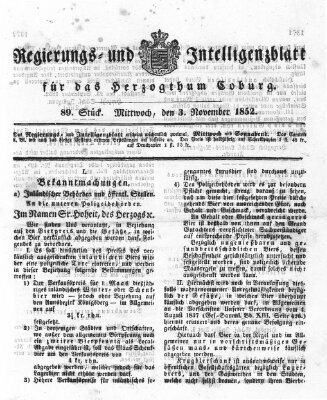 Regierungs- und Intelligenzblatt für das Herzogtum Coburg (Coburger Regierungs-Blatt) Mittwoch 3. November 1852