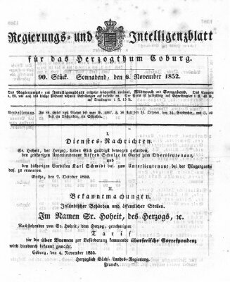 Regierungs- und Intelligenzblatt für das Herzogtum Coburg (Coburger Regierungs-Blatt) Samstag 6. November 1852