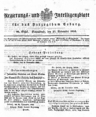 Regierungs- und Intelligenzblatt für das Herzogtum Coburg (Coburger Regierungs-Blatt) Samstag 27. November 1852