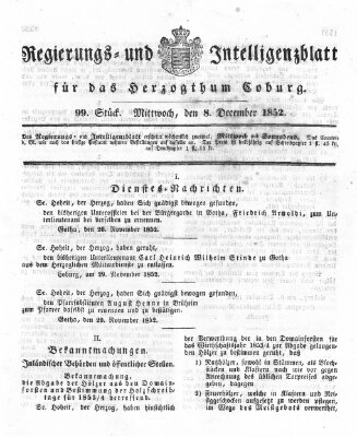 Regierungs- und Intelligenzblatt für das Herzogtum Coburg (Coburger Regierungs-Blatt) Mittwoch 8. Dezember 1852