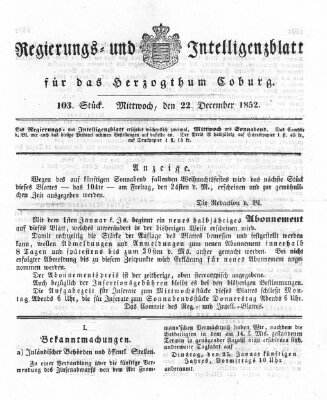 Regierungs- und Intelligenzblatt für das Herzogtum Coburg (Coburger Regierungs-Blatt) Mittwoch 22. Dezember 1852