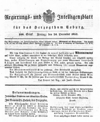 Regierungs- und Intelligenzblatt für das Herzogtum Coburg (Coburger Regierungs-Blatt) Freitag 24. Dezember 1852