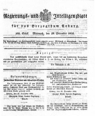 Regierungs- und Intelligenzblatt für das Herzogtum Coburg (Coburger Regierungs-Blatt) Mittwoch 29. Dezember 1852