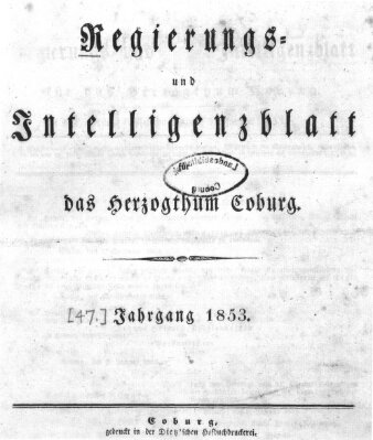 Regierungs- und Intelligenzblatt für das Herzogtum Coburg (Coburger Regierungs-Blatt) Mittwoch 5. Januar 1853