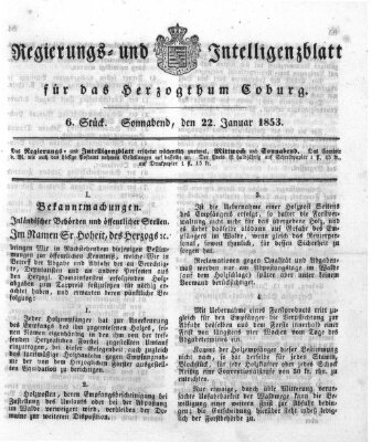 Regierungs- und Intelligenzblatt für das Herzogtum Coburg (Coburger Regierungs-Blatt) Samstag 22. Januar 1853