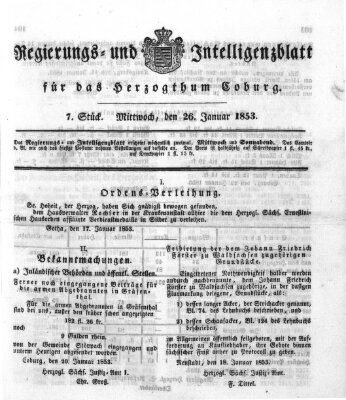 Regierungs- und Intelligenzblatt für das Herzogtum Coburg (Coburger Regierungs-Blatt) Mittwoch 26. Januar 1853