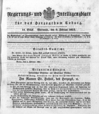 Regierungs- und Intelligenzblatt für das Herzogtum Coburg (Coburger Regierungs-Blatt) Mittwoch 9. Februar 1853