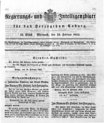 Regierungs- und Intelligenzblatt für das Herzogtum Coburg (Coburger Regierungs-Blatt) Mittwoch 23. Februar 1853