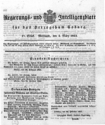 Regierungs- und Intelligenzblatt für das Herzogtum Coburg (Coburger Regierungs-Blatt) Mittwoch 2. März 1853