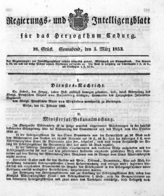 Regierungs- und Intelligenzblatt für das Herzogtum Coburg (Coburger Regierungs-Blatt) Samstag 5. März 1853