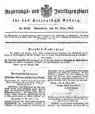 Regierungs- und Intelligenzblatt für das Herzogtum Coburg (Coburger Regierungs-Blatt) Samstag 19. März 1853