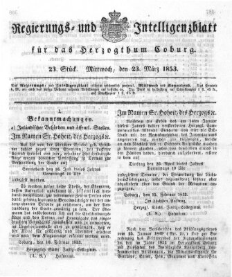 Regierungs- und Intelligenzblatt für das Herzogtum Coburg (Coburger Regierungs-Blatt) Mittwoch 23. März 1853