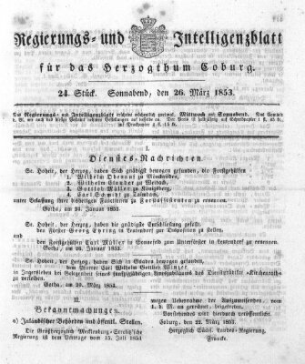 Regierungs- und Intelligenzblatt für das Herzogtum Coburg (Coburger Regierungs-Blatt) Samstag 26. März 1853