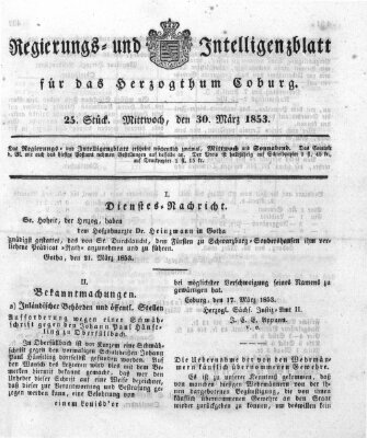 Regierungs- und Intelligenzblatt für das Herzogtum Coburg (Coburger Regierungs-Blatt) Mittwoch 30. März 1853