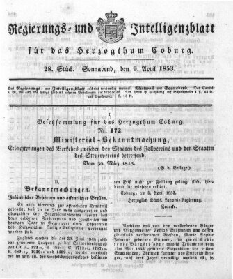 Regierungs- und Intelligenzblatt für das Herzogtum Coburg (Coburger Regierungs-Blatt) Samstag 9. April 1853