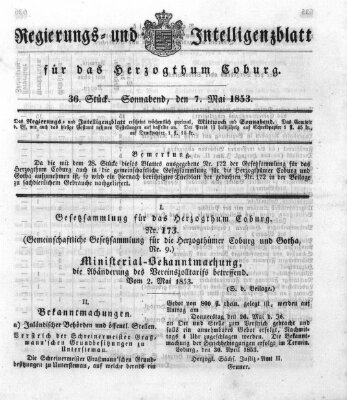 Regierungs- und Intelligenzblatt für das Herzogtum Coburg (Coburger Regierungs-Blatt) Samstag 7. Mai 1853