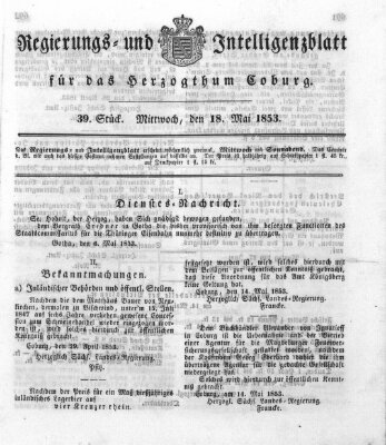 Regierungs- und Intelligenzblatt für das Herzogtum Coburg (Coburger Regierungs-Blatt) Mittwoch 18. Mai 1853