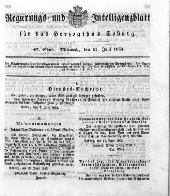 Regierungs- und Intelligenzblatt für das Herzogtum Coburg (Coburger Regierungs-Blatt) Mittwoch 15. Juni 1853