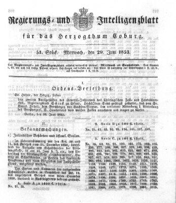 Regierungs- und Intelligenzblatt für das Herzogtum Coburg (Coburger Regierungs-Blatt) Mittwoch 29. Juni 1853