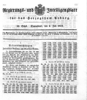 Regierungs- und Intelligenzblatt für das Herzogtum Coburg (Coburger Regierungs-Blatt) Samstag 2. Juli 1853