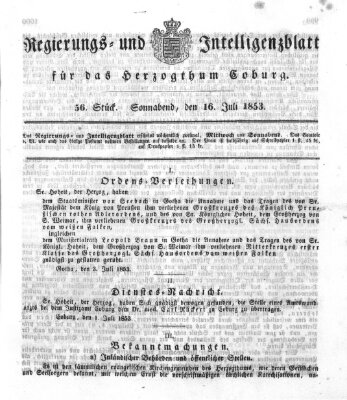 Regierungs- und Intelligenzblatt für das Herzogtum Coburg (Coburger Regierungs-Blatt) Samstag 16. Juli 1853