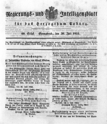 Regierungs- und Intelligenzblatt für das Herzogtum Coburg (Coburger Regierungs-Blatt) Samstag 30. Juli 1853