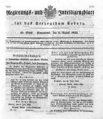 Regierungs- und Intelligenzblatt für das Herzogtum Coburg (Coburger Regierungs-Blatt) Samstag 6. August 1853