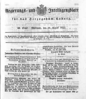 Regierungs- und Intelligenzblatt für das Herzogtum Coburg (Coburger Regierungs-Blatt) Mittwoch 31. August 1853