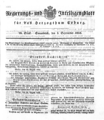 Regierungs- und Intelligenzblatt für das Herzogtum Coburg (Coburger Regierungs-Blatt) Samstag 3. September 1853